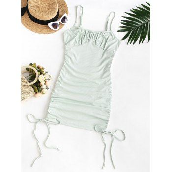 

Plus Size Spaghetti Strap Ribbed Cinched Ruched Slinky Bodycon Dress, Light green