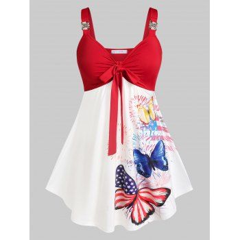 

Plus Size Butterfly American Flag Knotted Skirted Tank Top, Red