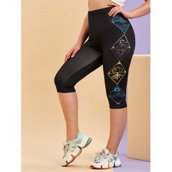 

Plus Size Printed Side Cropped Stretchy Leggings, Black