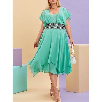 

Plus Size Floral Applique Chiffon Handkerchief Dress, Green