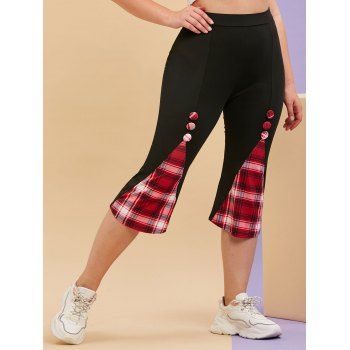 

Plus Size Plaid Panel Covered Button Capri Leggings, Black