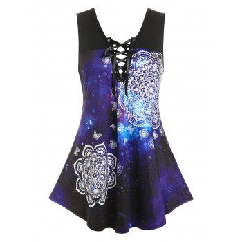 

Plus Size Galaxy Butterfly Print Lace-up Tank Top, Black