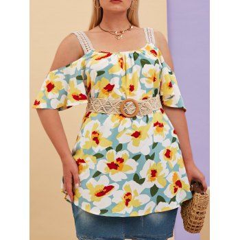 

Plus Size Flower Open Shoulder Crochet Strap Blouse, Multicolor