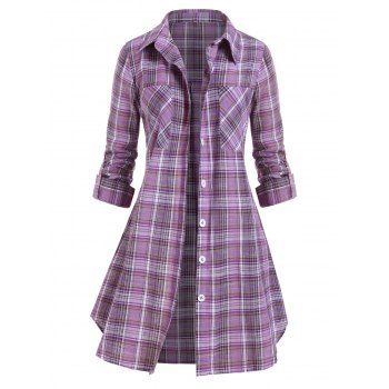 

Plus Size Plaid Front Pockets Buttons Blouse, Purple