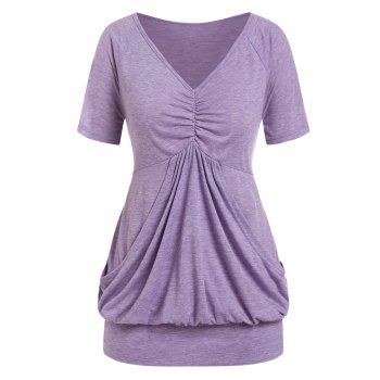 

Plus Size Ruched Kangaroo Pocket Blouson Tee, Light purple