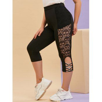 

Plus Size Gothic Skull Lace Crisscross Leggings, Black