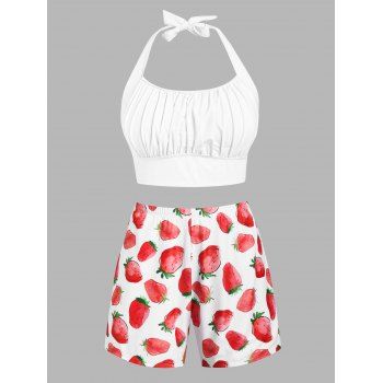 

Plus Size Halter Ruched Bust Strawberry Print Three Piece Tankini Swimwear, Red