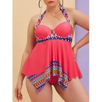 

Plus Size Halter Geo Print Push Up Tankini Swimwear, Light pink