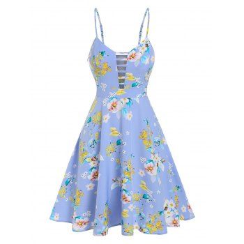 

Sweet Floral Print Sundress Flare A Line Cutout Summer Cami Sundress, Light blue