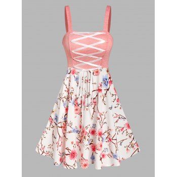 

Flower Print Cottagecore Dress Lace Up Mini Dress High Waist Combo Dress Square Neck Casual A Line Dress, Light pink