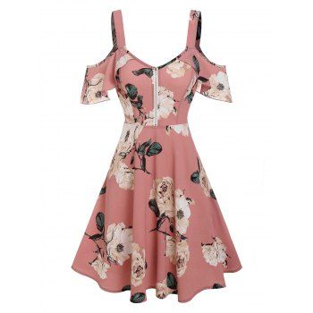 

Front Zip Floral Printed Cold Shoulder Dress, Light pink