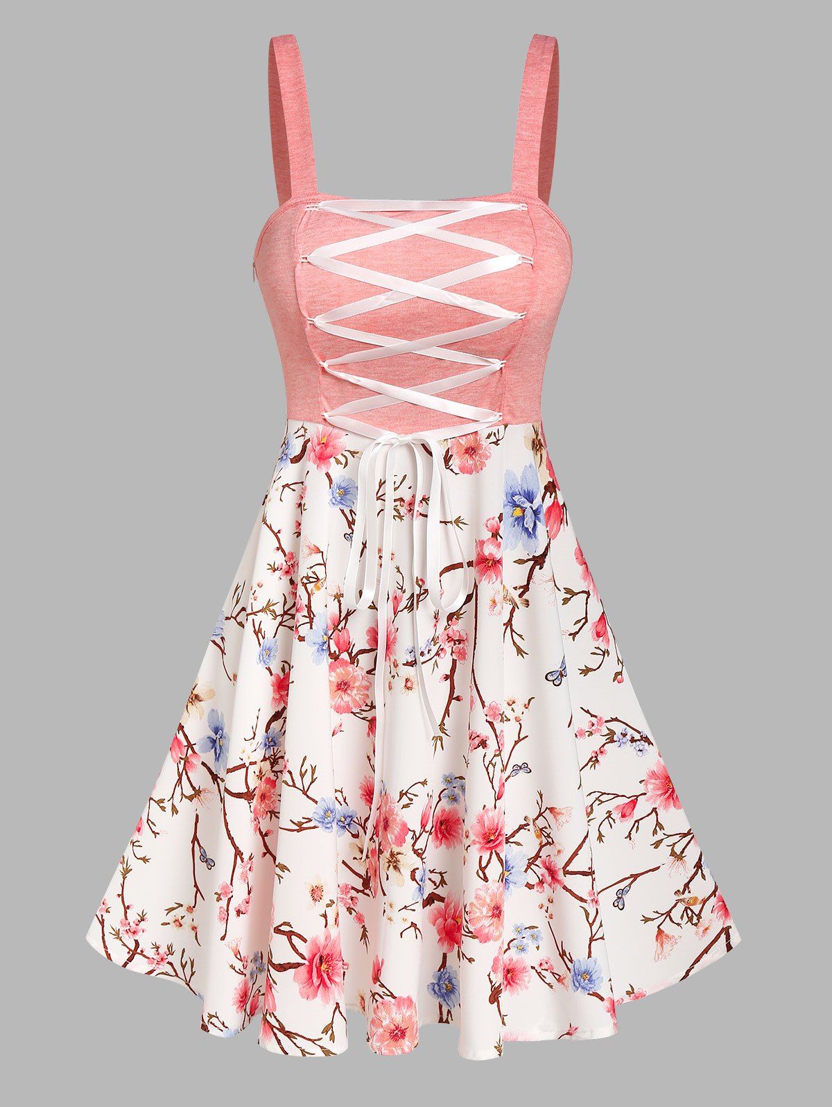 Flower Print Cottagecore Dress Lace Up Mini Dress High Waist Combo Dress Square Neck Casual A Line Dress - LIGHT PINK XL