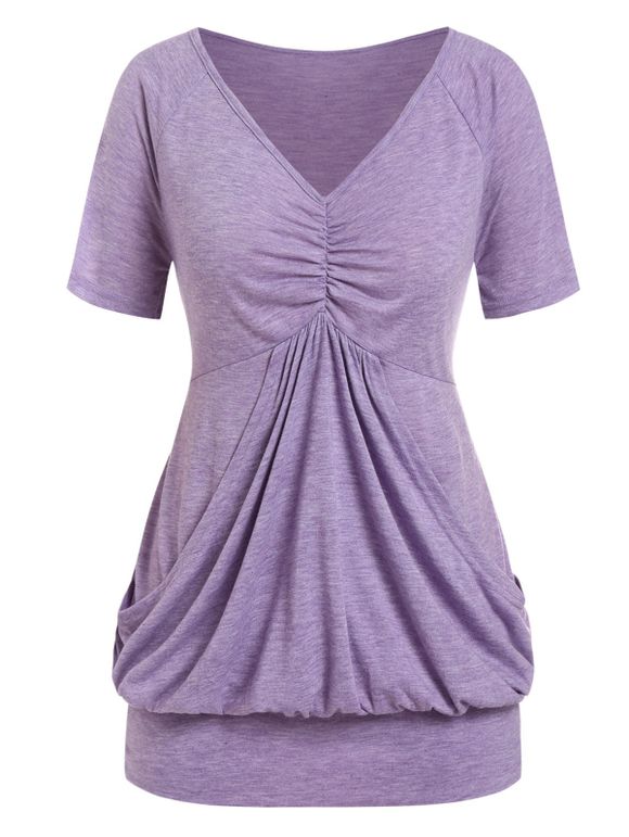 T-shirt Plissé de Grande Taille avec Poche Kangourou - Violet clair L