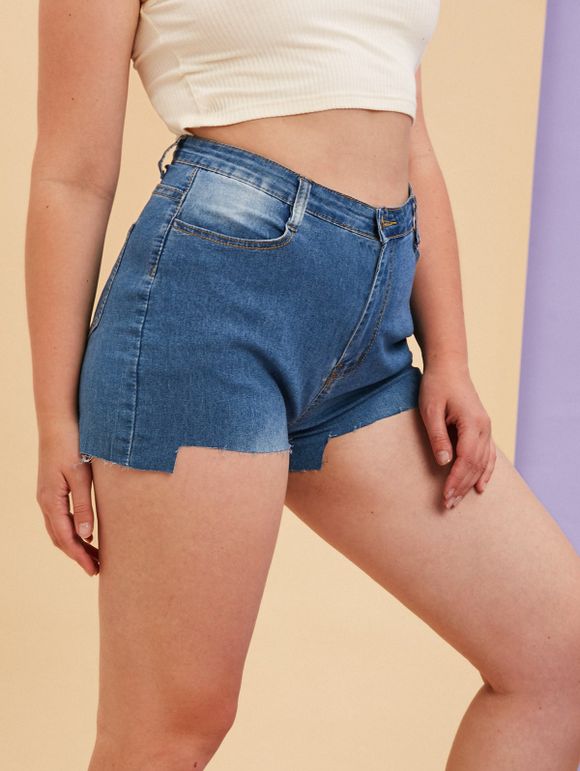 Short Haut-Bas à Bordure Usée Grande Taille - Bleu 3XL
