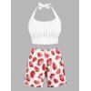 Maillot de Bain Tankini à Imprimé Fraise Plissé Au Poitrine de Grande Taille Trois Pièces - Rouge 1X