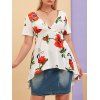 Plus Size Floral Print Plunging Neck High Low Blouse - WHITE 5X