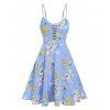 Robe d'Eté Courte Découpée Imprimée Florale en Ligne A à Bretelle - Bleu clair M