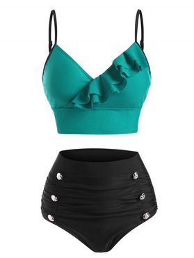 Contrast Colorblock Swimsuit Mock Button Ruffle Tummy Control Bikini Swimwear