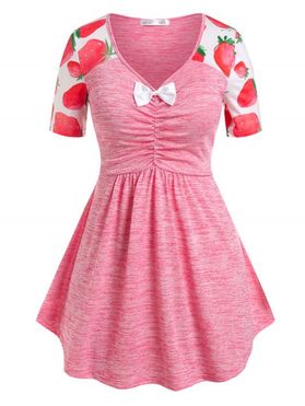 Plus Size Strawberry Print Bowknot Ruched Tee