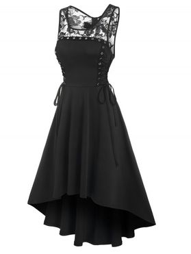 Gothic Dress Lace Up Grommet High Low Dress Flower Lace Panel Bowknot Cutout Midi Dress