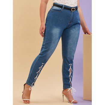 

Lace Up Front Mid Rise Plus Size Skinny Jeans, Blue