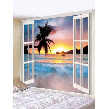 

3D Window Seaside Sunset Print Tapestry, Multicolor a