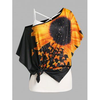 

Plus Size Sunflower Print Batwing Sleeve Tee and Camisole Set, Black