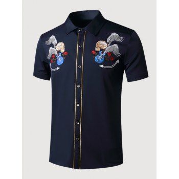 

Guitar Skull Rose Embroidered Metallic Thread Shirt, Cadetblue