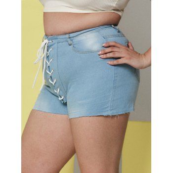 

Lace Up Raw Hem Plus Size Denim Shorts, Light blue
