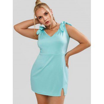 

Plus Size Tie Shoulder Slit Front Glitter Dress, Light green