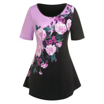 

Plus Size Colorblock Floral Print T Shirt, Black