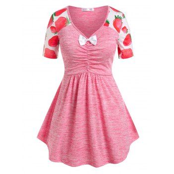 

Plus Size Strawberry Print Bowknot Ruched Tee, Light pink