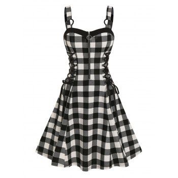 

Checked Lace Up O Ring Dress, Black