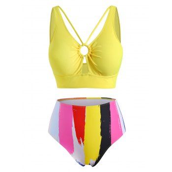 

Plus Size Colorful Striped O Ring Tankini Swimwear, Yellow