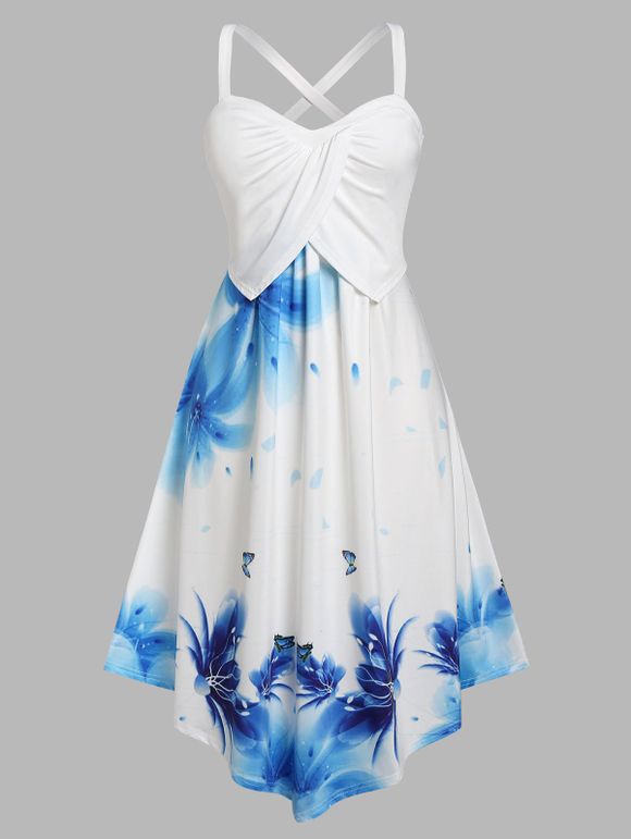 Robe Mi-Longue Superposée à Imprimé Fleur de Grande Taille - Bleu clair 4X