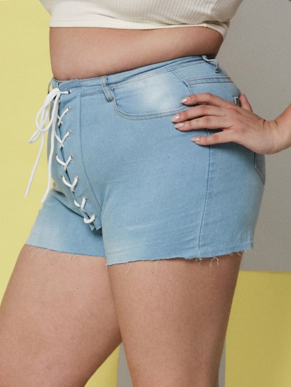 Short à Ourlet Brut de Grande Taille à Lacets en Denim - Bleu clair 4XL