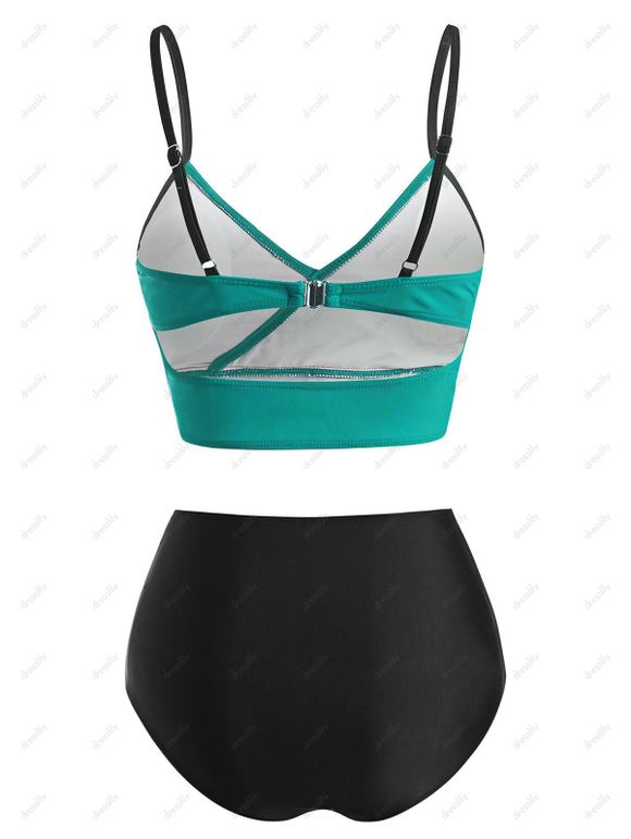Maillot de Bain Bikini Gainant en Blocs de Couleurs à Faux Bouton à Volants de Plage - Vert L