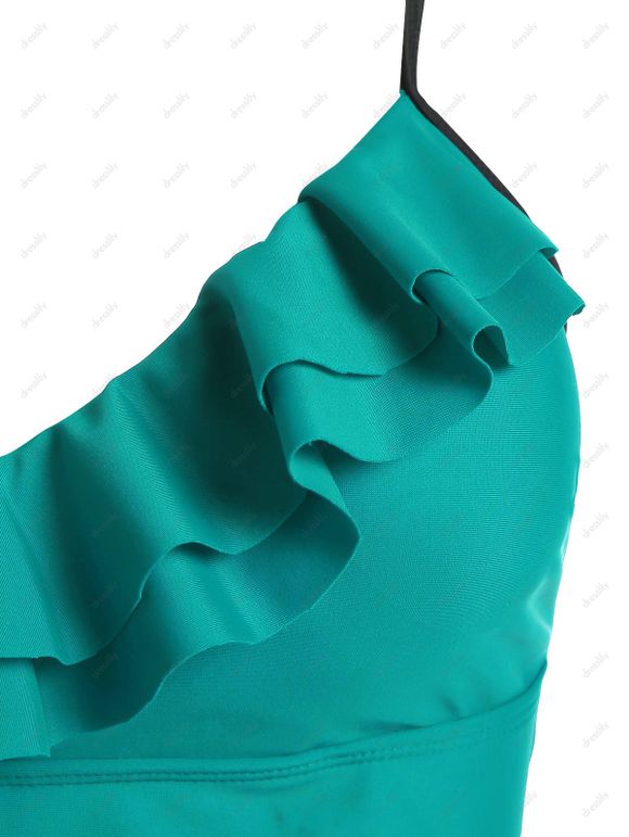 Maillot de Bain Bikini Gainant en Blocs de Couleurs à Faux Bouton à Volants de Plage - Vert L