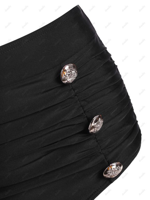 Maillot de Bain Bikini Gainant en Blocs de Couleurs à Faux Bouton à Volants de Plage - Vert L