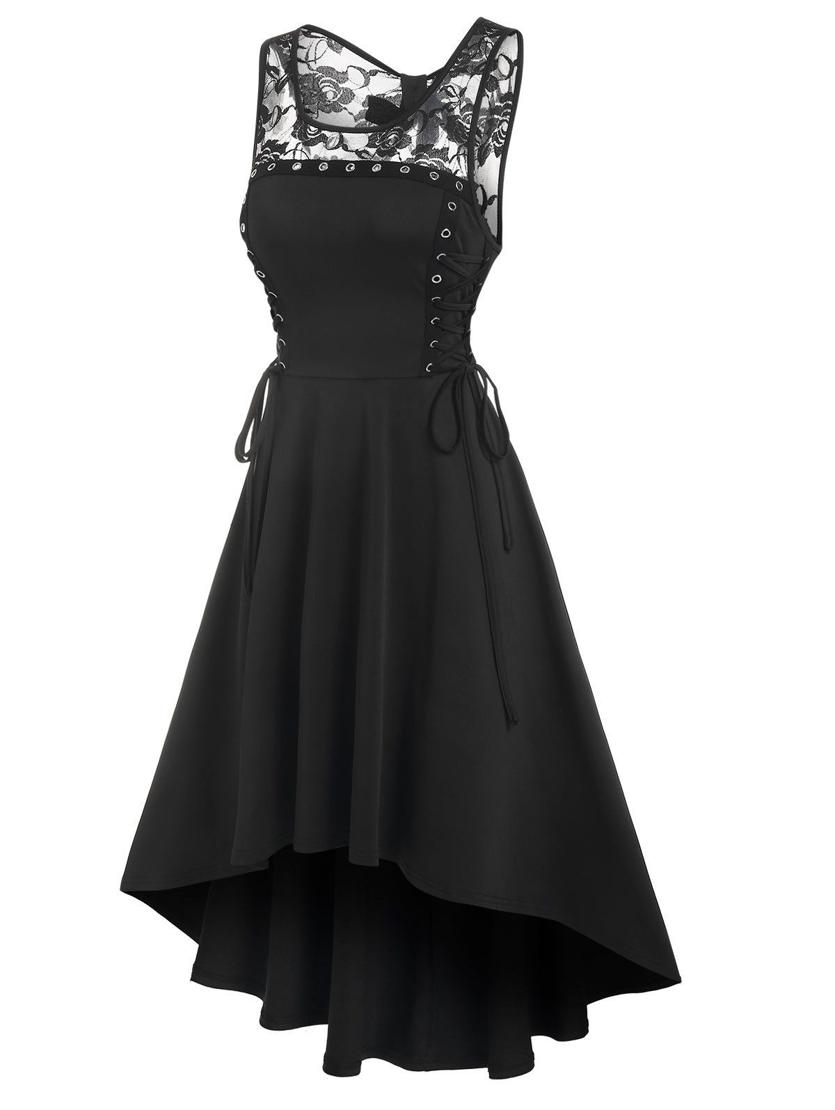Gothic Dress Lace Up Grommet High Low Dress Flower Lace Panel Bowknot Cutout Midi Dress - BLACK XXXL