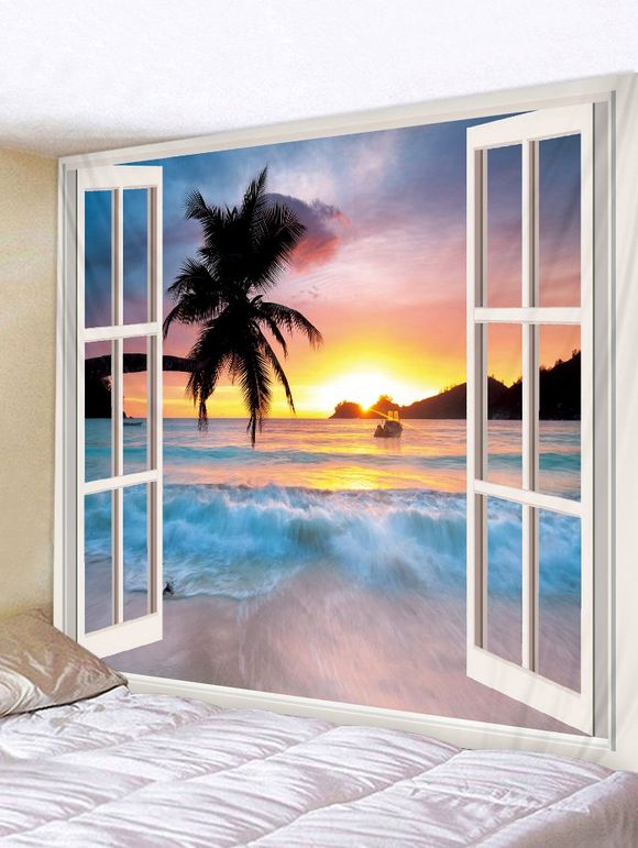 Tapisserie à Imprimé Coucher du Soleil et Bord de Mer à Travers la Fenêtre 3D - multicolor A W59 X L51 INCH