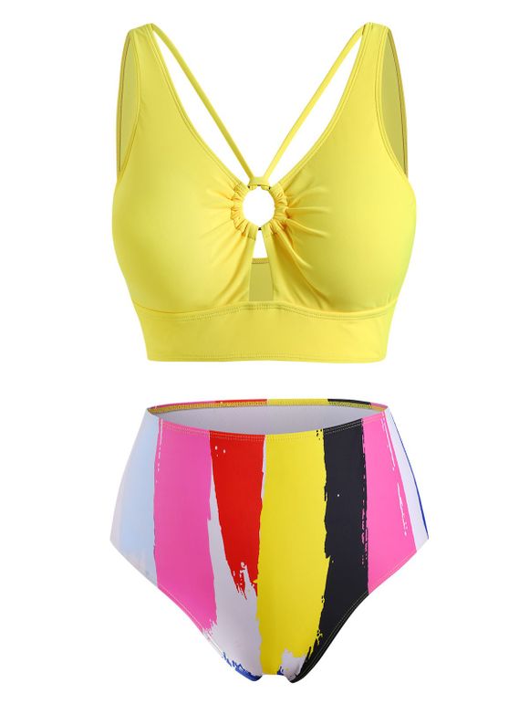 Plus Size Colorful Striped O Ring Tankini Swimwear - YELLOW 5X
