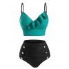 Tummy Control Bikini Swimwear Contrast Colorblock Swimsuit Mock Button Ruffle Sweet Summer Beach Bathing Suit - GREEN S