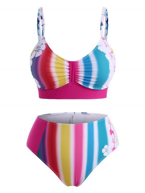 Plus Size Rainbow Stripe Flower High Rise Bikini Swimwear