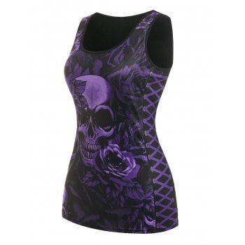 

Plus Size Gothic Skull Floral Print Tank Top, Purple