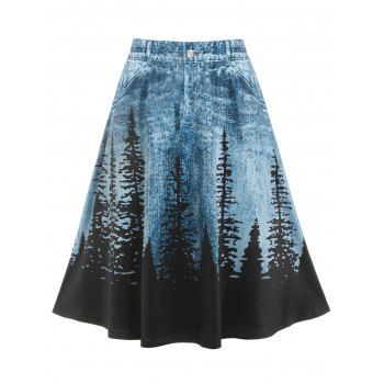 

Plus Size 3D Jean Print Trees Knee Length Skirt, Deep blue