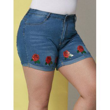 

Floral Cuffed Hem Plus Size Denim Shorts, Blue