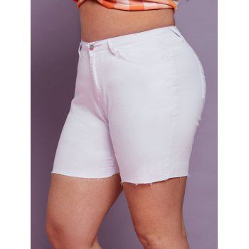 Raw Hem Solid Pockets Plus Size Shorts, White