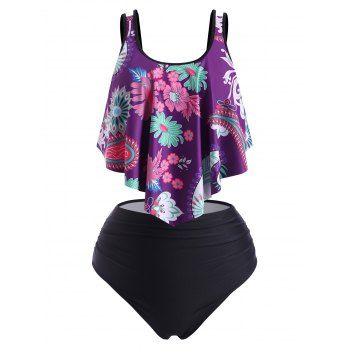 

Plus Size Paisley Flower Draped Dual Strap Tankini Swimwear, Purple