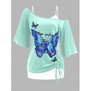 

Plus Size Skew Neck Butterfly Print Cinched Tee and Lace Tank Top Twinset, Light green